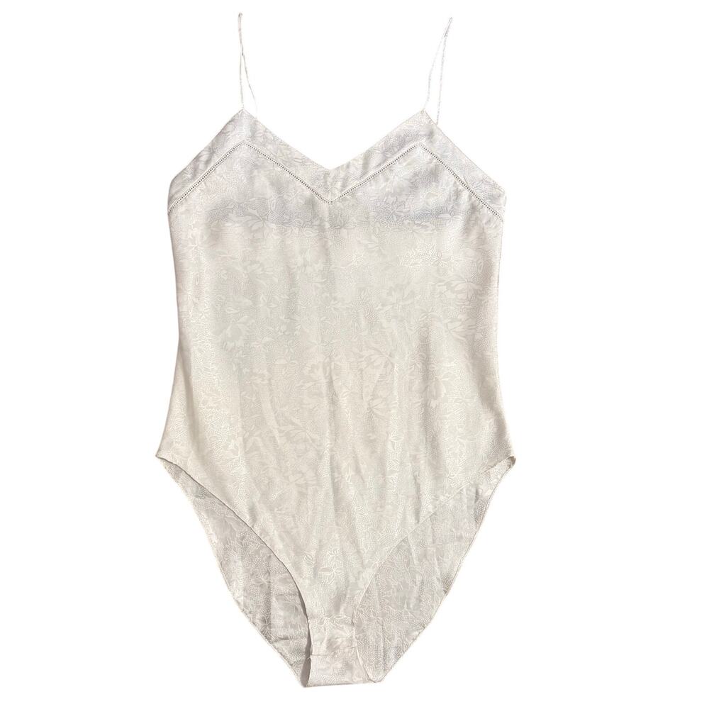 VTG Axiom Bodysuit Satin Floral Embossed Spaghetti Strap White Size P Small